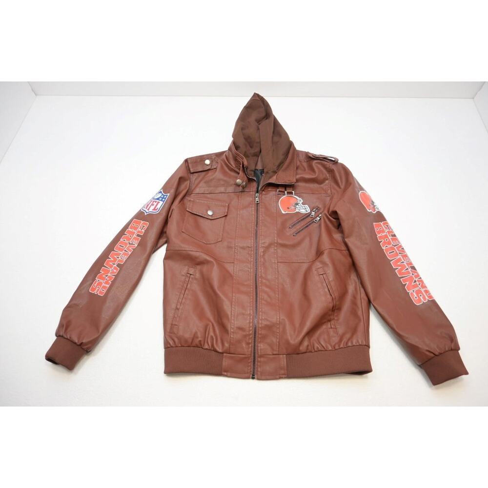 NFL‎ Cleveland Browns Pleather Military Cargo Jacket Hooded Mens Size Large - Picture 5 of 11